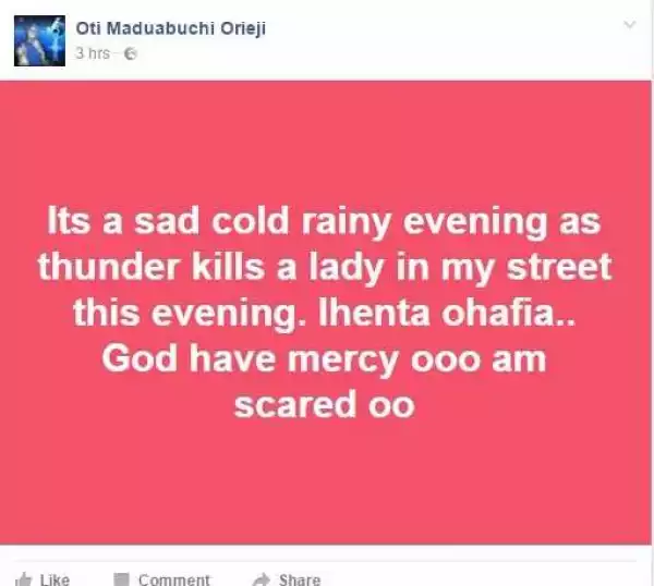 Thunder Allegedly Strikes Woman To Death Today In Ohafia